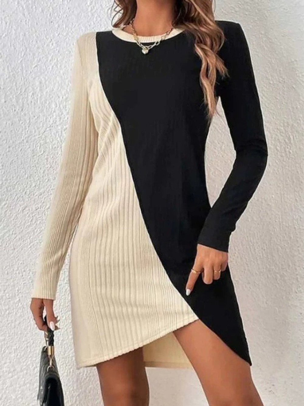 ZARA Womens Fall Winter Solid Long Sleeve Round Neck Colorblock Irregular Dress
